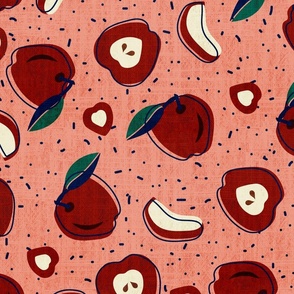 Fruitilicious- Apple Fruit Collage- Mod Papercut- Red on Salmon- Large Scale