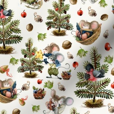 12" Watercolor Hand painted Little Winter Mice Celebrating Vintage Christmas  With Gifts Berries And Seeds- white 