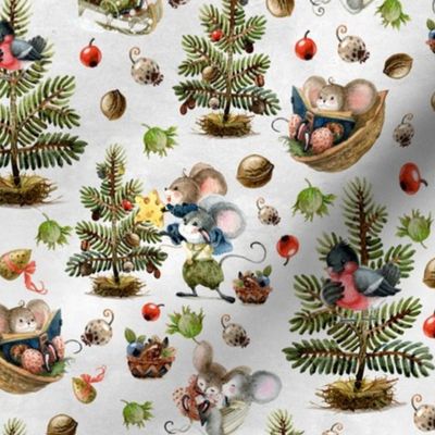 12" Watercolor Hand painted Little Winter Mice Celebrating Vintage Christmas  With Gifts Berries And Seeds -white snow background