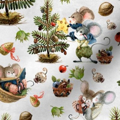 18" Watercolor Hand painted Little Winter Mice Celebrating Vintage Christmas  With Gifts Berries And Seeds - white snow background