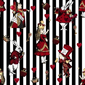 Queen of Hearts Red and Gold on Black and White Stripe