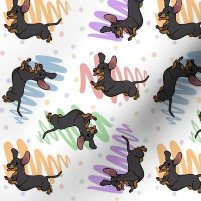 Black and Tan Dachshund jumping over a colorful squiggle field