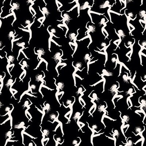 White silhouettes of dancing girls on black background. hippies