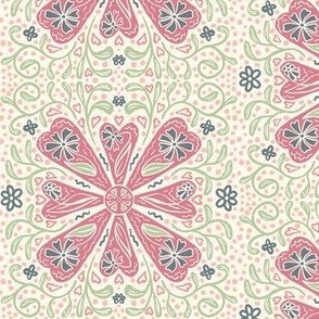 Lacy Floral Valentine Block Print - Vintage Red, Peach, Blue and Green