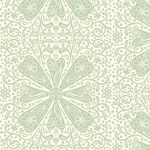 Lacy Floral Valentine Block Print - Muted Green on Cream