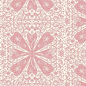Lacy Floral Valentine Block Print - Muted Red on Cream