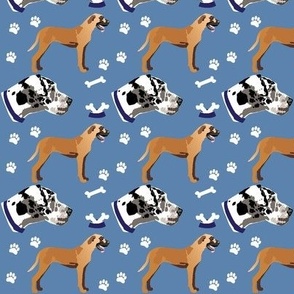 Two Great Dane Dogs Tan , Black & White dog  paw prints, dog bone, dog fabric denim blue small print