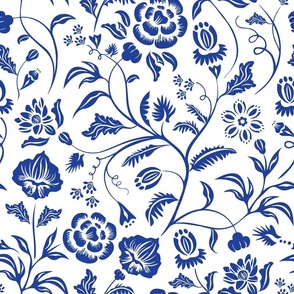 Damask Floral Wallpaper, Art Nouveau - Blue on White