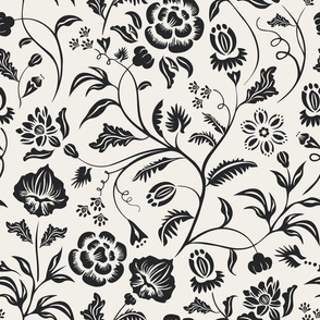 Chinoiserie Wallpaper, Damask Floral Art Nouveau - Black on Cream