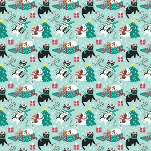 Cute Christmas cats - turquoise Christmas,xmas fabric WB22 small scale
