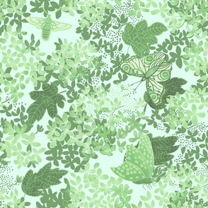 Hydrangea in the garden with butterflies_light green monochrome flora_mint background_large floral print
