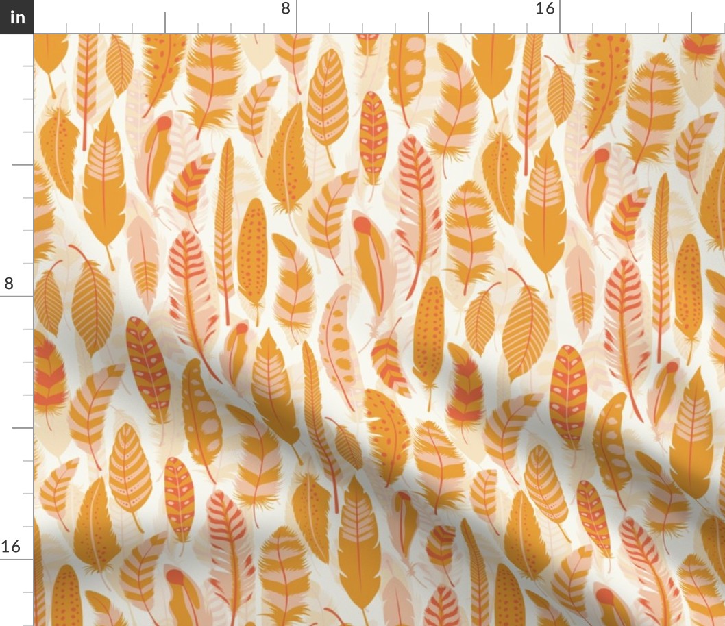 medium // Orange Monochromatic Feathers on ecru white