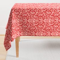 Queen Anne By William Morris- Red - LARGE - Leaves Birds And Fruit Antiqued Damask 