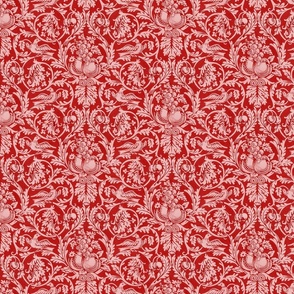 Queen Anne By William Morris- Red - MEDIUM - Leaves Birds And Fruit Antiqued Damask 