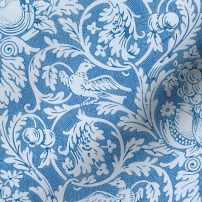 Queen Anne By William Morris- Blue - LARGE - Leaves Birds And Fruit Antiqued Damask 