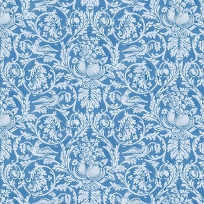 Queen Anne By William Morris- Blue - LARGE - Leaves Birds And Fruit Antiqued Damask 