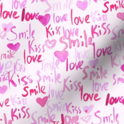 Smile kiss love - pink watercolor romantic valentines - magenta painted hearts b059-3