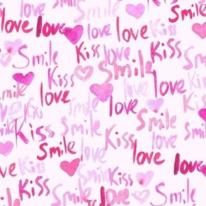 Smile kiss love - pink watercolor romantic valentines - magenta painted hearts b059-3