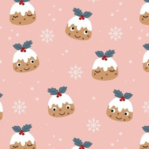 Cutesy Kawaii Christmas Pudding - Winter wonderland snow flakes seasonal food design on blush pink 