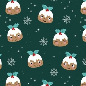 Cutesy Kawaii Christmas Pudding - Winter wonderland snow flakes seasonal food design on sea green 