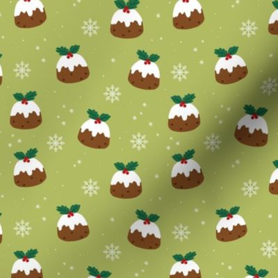 Christmas pudding and snowflakes - seasonal snack design in red green on lime 