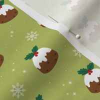 Christmas pudding and snowflakes - seasonal snack design in red green on lime 