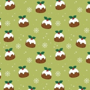 Christmas pudding and snowflakes - seasonal snack design in red green on lime 