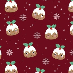 Cutesy Kawaii Christmas Pudding - Winter wonderland snow flakes seasonal food design on burgundy red 