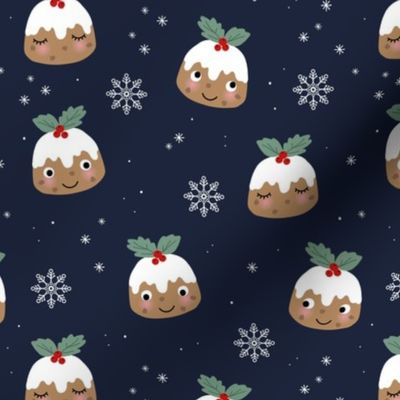 Cutesy Kawaii Christmas Pudding - Winter wonderland snow flakes seasonal food design on navy blue night 