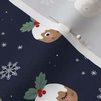 Cutesy Kawaii Christmas Pudding - Winter wonderland snow flakes seasonal food design on navy blue night 