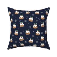 Cutesy Kawaii Christmas Pudding - Winter wonderland snow flakes seasonal food design on navy blue night 