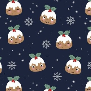 Cutesy Kawaii Christmas Pudding - Winter wonderland snow flakes seasonal food design on navy blue night 