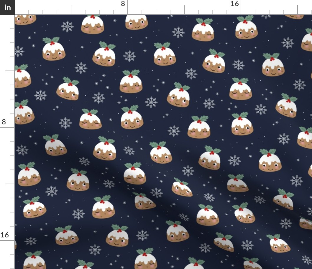 Cutesy Kawaii Christmas Pudding - Winter wonderland snow flakes seasonal food design on navy blue night 