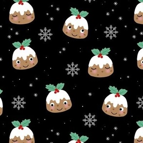 Cutesy Kawaii Christmas Pudding - Winter wonderland snow flakes seasonal food design on black 