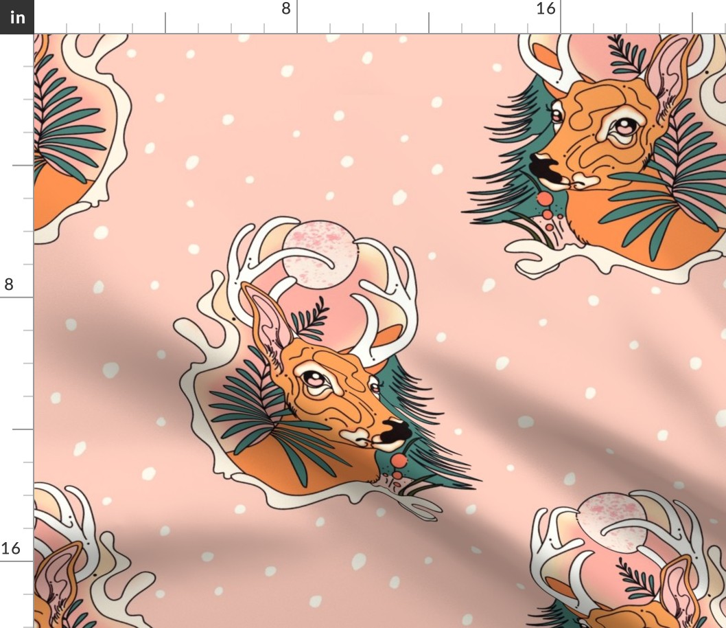 Deer portrait | Snowflakes polka dot | light peach pink baby boy/baby girl bedroom | forest animals during winter | Medium