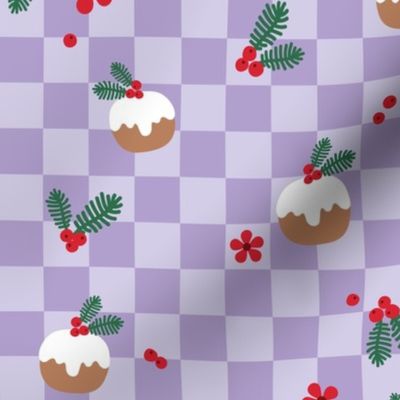Christmas pudding mistletoe and flowers retro holidays checkerboard lilac 