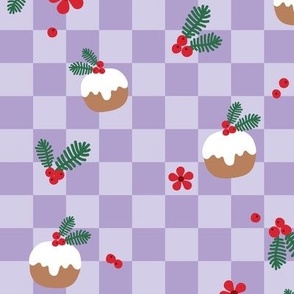 Christmas pudding mistletoe and flowers retro holidays checkerboard lilac 