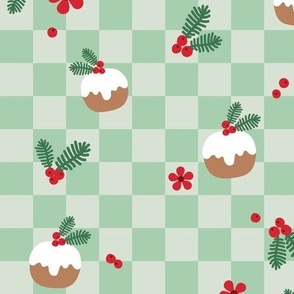 Christmas pudding mistletoe and flowers retro holidays checkerboard mint green 