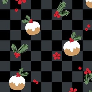 Christmas pudding mistletoe and flowers retro holidays checkerboard charcoal 