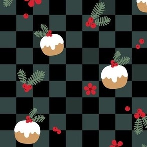 Christmas pudding mistletoe and flowers retro holidays checkerboard sea green 