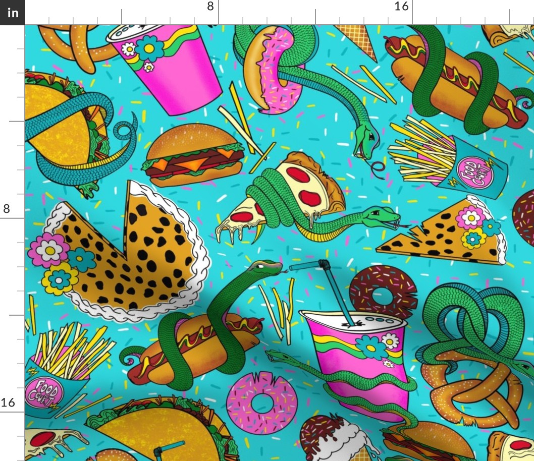 Food Court Finders Keepers Nostalgic 1990s Mall Junk Food with Hungry Snakes Funny Pattern - Dark Teal - Medium