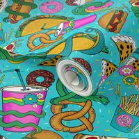 Food Court Finders Keepers Nostalgic 1990s Mall Junk Food with Hungry Snakes Funny Pattern - Teal - Small