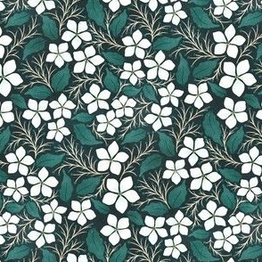 White Flowers and Berries On Dark Green | LARGE
