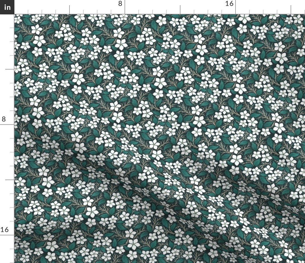 White Flowers and Berries On Dark Green | LARGE