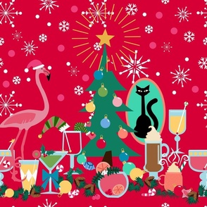 Cocktail Christmas Cheer horizontal border print in red