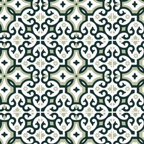 Ceramic Tile Pattern, Mosaic Moroccan Tiles - Dark Green, Grey and White