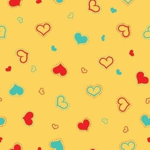 Shiny red and teal hearts on yellow