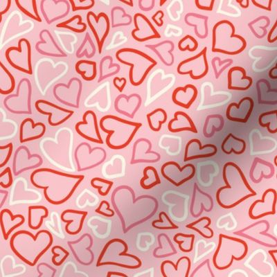 Valentine Doodle Hearts, red, pink and white on bright pink, MEDIUM, 1/2 - 1 1/2 inch hearts