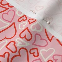 Valentine Doodle Hearts, red, pink and white on bright pink, MEDIUM, 1/2 - 1 1/2 inch hearts