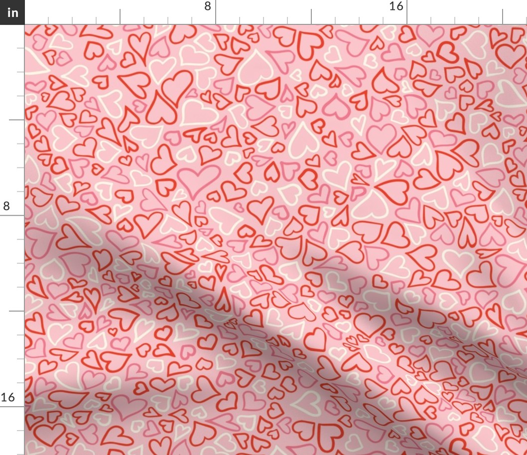 Valentine Doodle Hearts, red, pink and white on bright pink, MEDIUM, 1/2 - 1 1/2 inch hearts